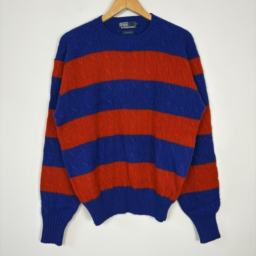 Vtg Polo Ralph Lauren Striped Cable Knit Sweater 100% Wool Red Blue Size M